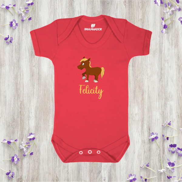 Cute Horse Baby Bodysuit Babygrow, Personalised Animal Baby Vest With Name