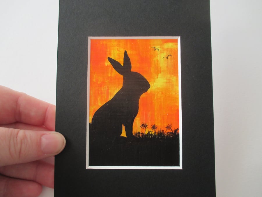 ACEO bunny rabbit silhouette sunset sky original miniature art painting picture 