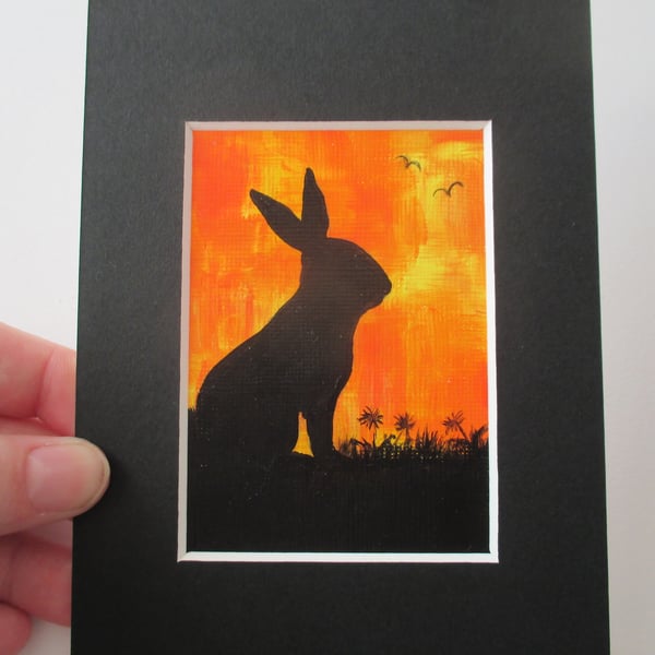 ACEO bunny rabbit silhouette sunset sky original miniature art painting picture 