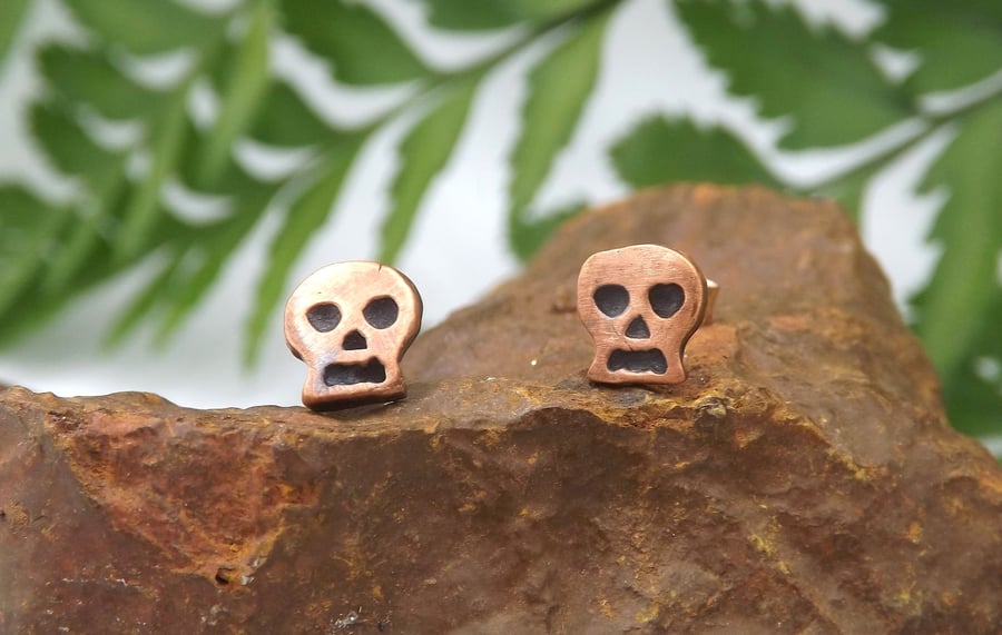 Recycled Copper Skull Stud Earrings.
