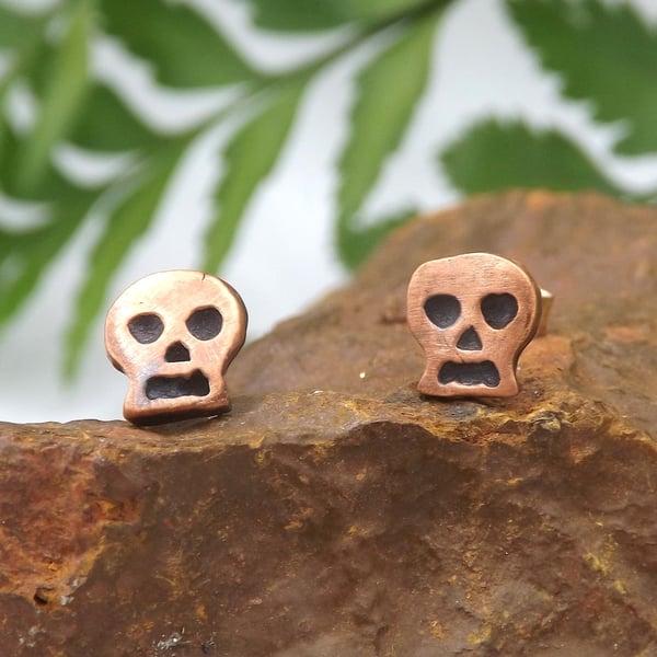 Recycled Copper Skull Stud Earrings.