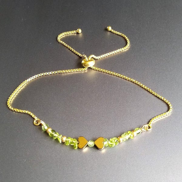 Natural Green Peridot & Golden Hematite Heart Slider Bracelet 6 to 8 Inch