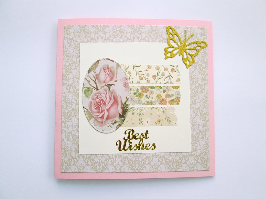 Pink floral vintage rose best wishes card for any occasion 