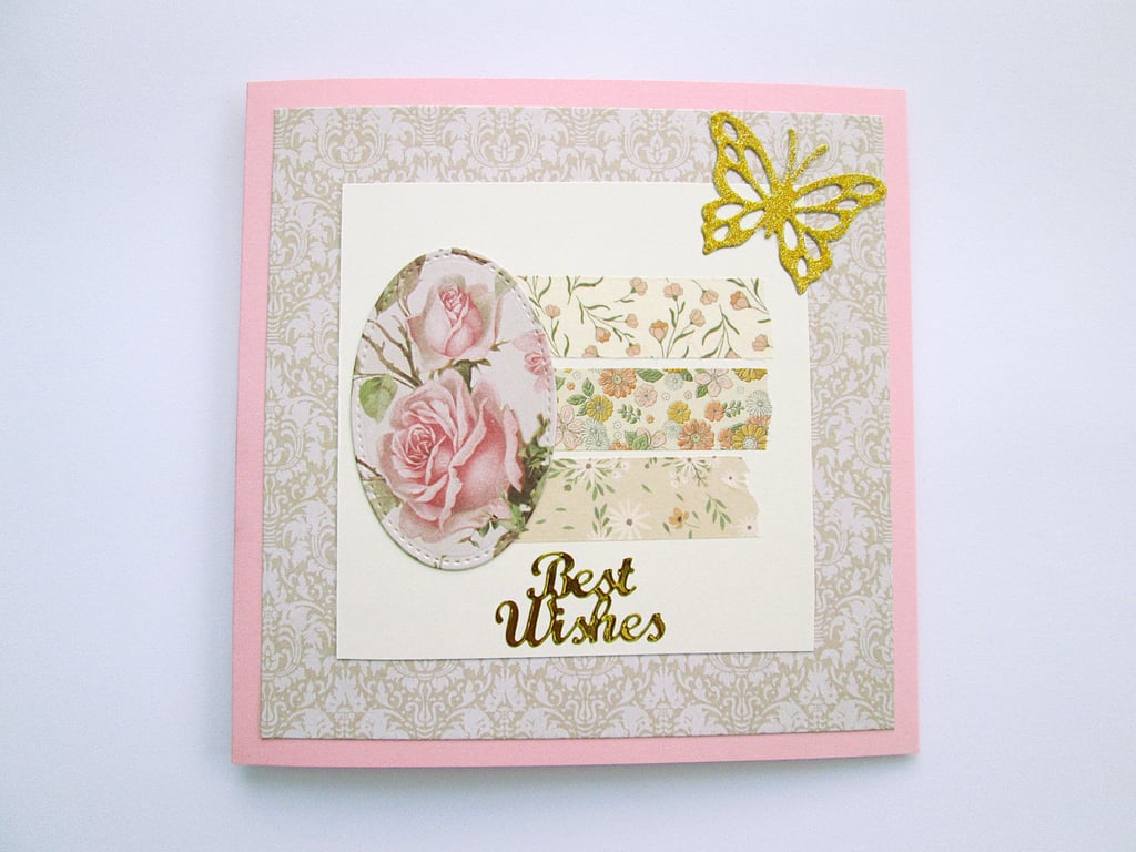 Pink floral vintage rose best wishes card for any occasion 