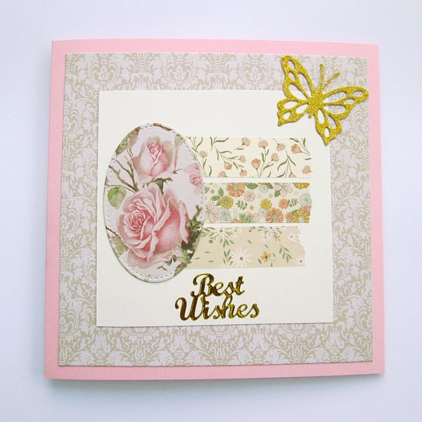 Pink floral vintage rose best wishes card for any occasion 