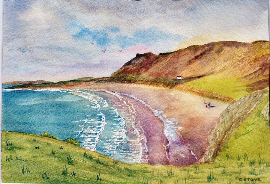 Original watercolour painting of  Rhossili Bay, Gower Peninsula, Wales