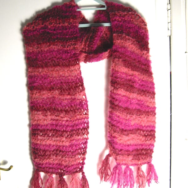 Beautiful Pink Tones Hand Knitted Scarf with Mohair - UK Free Post