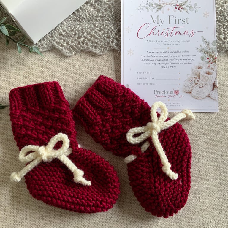 Baby's First Christmas Booties – Hand Knitted Claret & Cream 0–9 Months