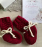 Baby's First Christmas Booties – Hand Knitted Claret & Cream 0–9 Months