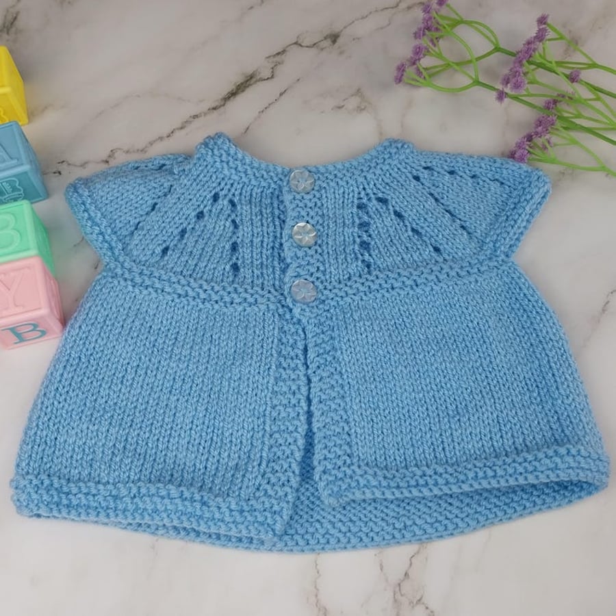 Hand Knitted Baby Sleeveless Cardigan in Blue, Newborn Eyelet Yoke