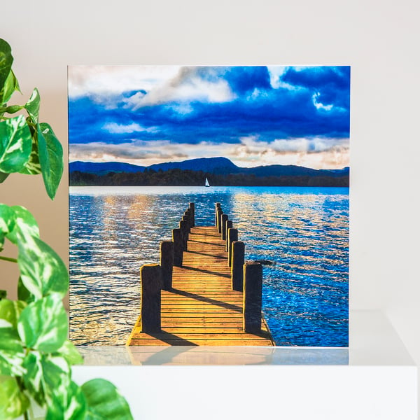 Lake District Blank Greetings Card Windermere lake landscape sunset sailing boat