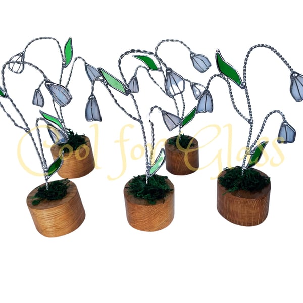 Stained glass snowdrops with twisted wire stem and wooden base