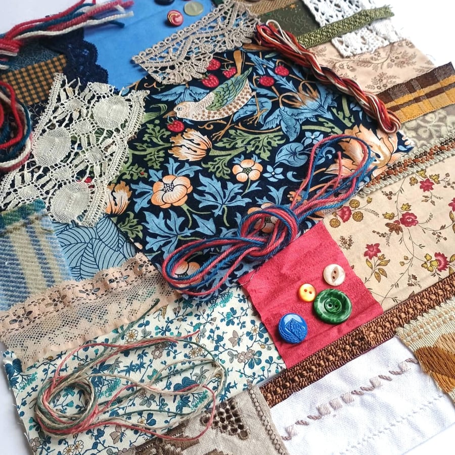Strawberry Red Bird Slow Stitching Kit large - vintage and reclaimed textiles