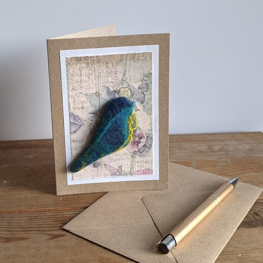 Brooch on a card - felted bird - teal and yellow breasted longtail