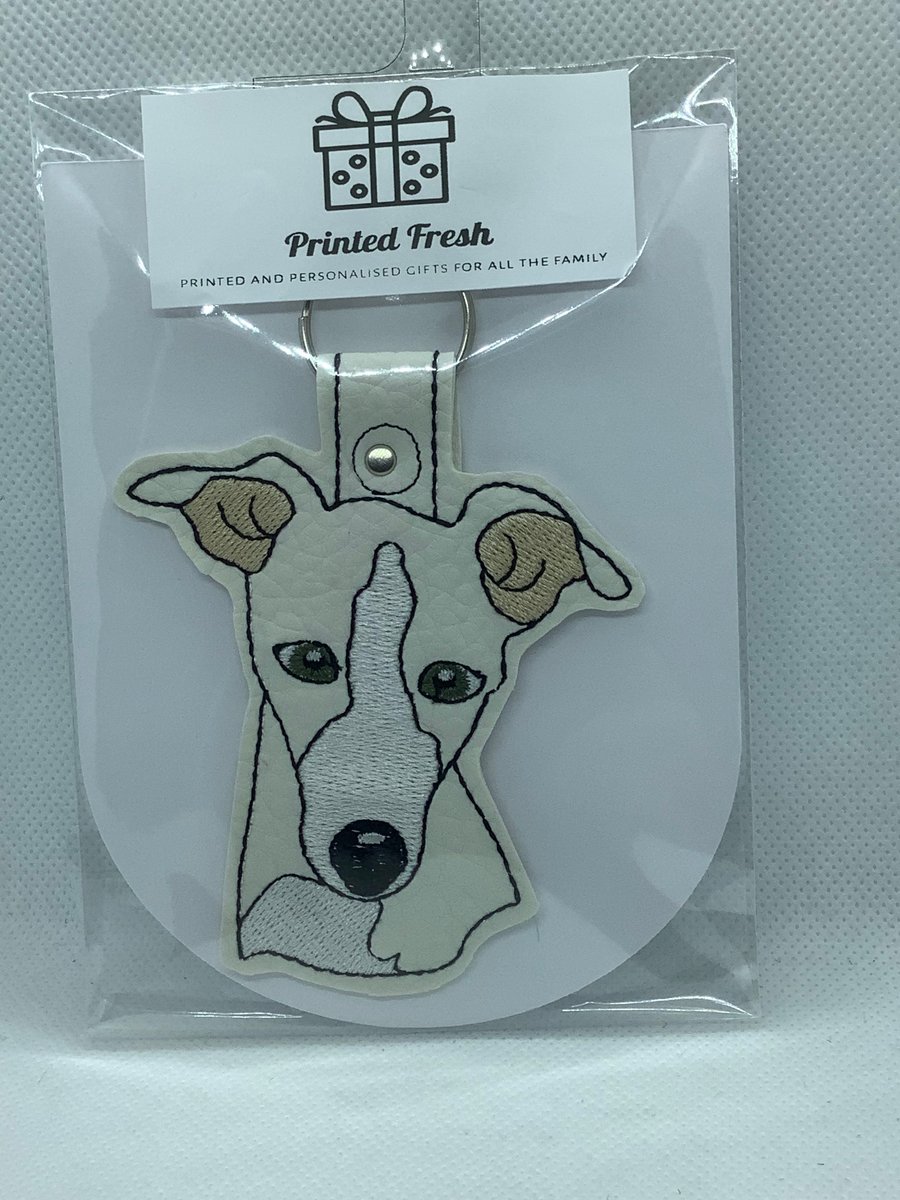 Embroidered white Faux Leather Greyhound key ring