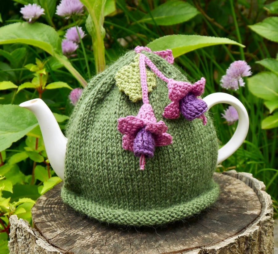 Green Hand Knitted Tea Cosy with Fuchsia Flowers