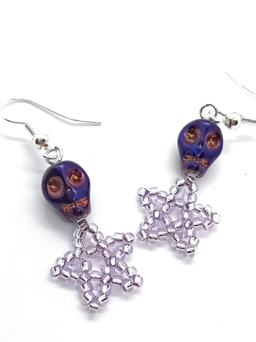 Metallic pearlescent purple skull and  lilac star beaded earrings