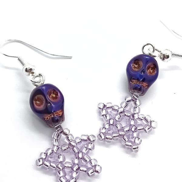 Metallic pearlescent purple skull and  lilac star beaded earrings