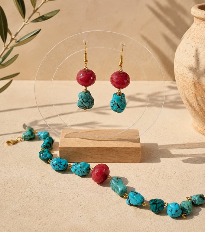 Handmade Genuine Coral & Dyed Howlite Jewellery Set Earrings and a Bracelet