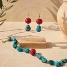 Handmade Genuine Coral & Dyed Howlite Jewellery Set Earrings and a Bracelet