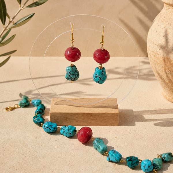 Handmade Genuine Coral & Dyed Howlite Jewellery Set Earrings and a Bracelet