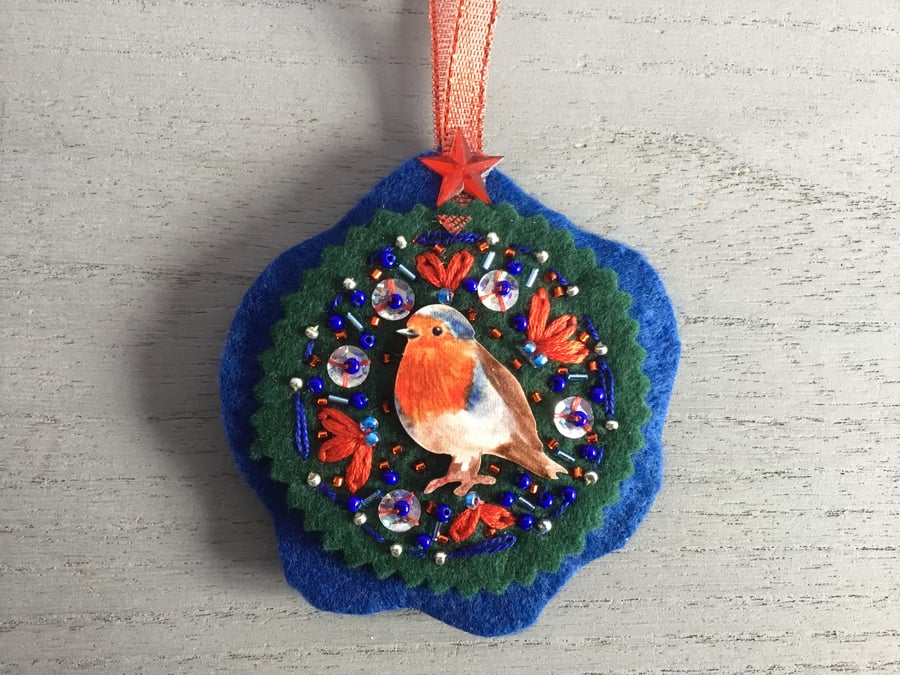 Hand Embroidered Robin Hanging Decoration 