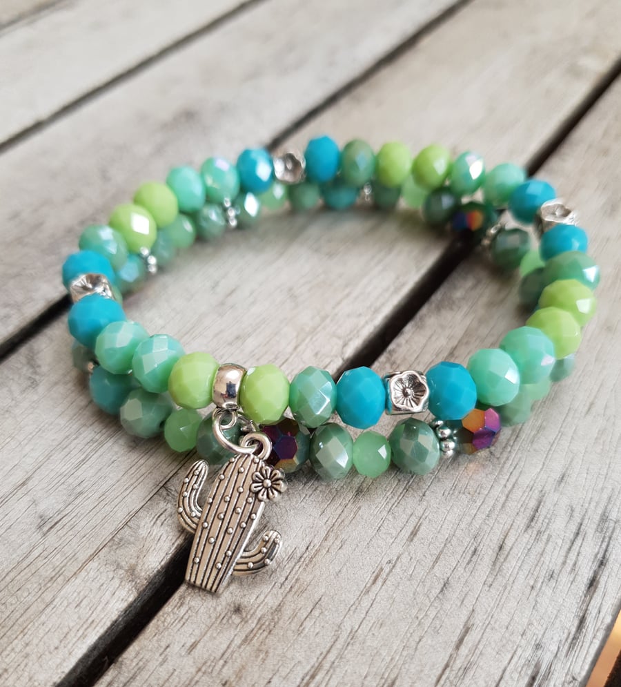 Elasticated Bracelet Stack - Green Mix Cactus & Flower - Set of Two 