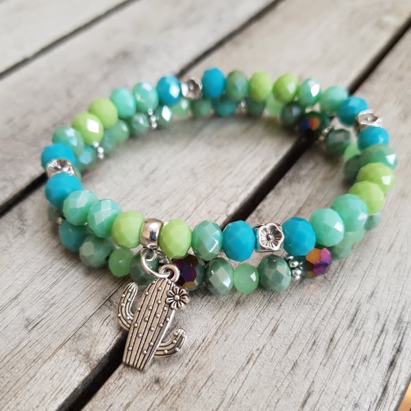 Elasticated Bracelet Stack - Green Mix Cactus & Flower - Set of Two 