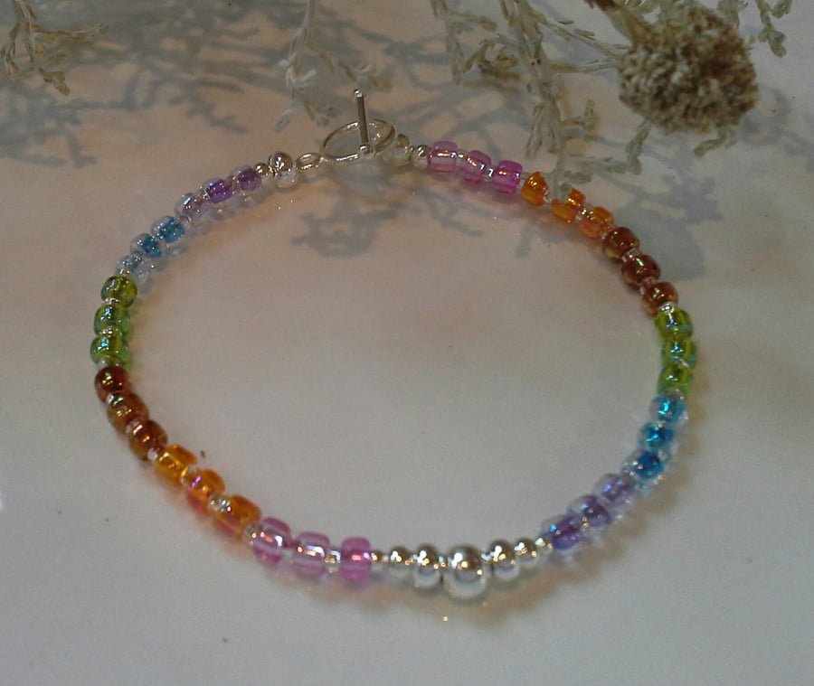 Rainbow Dainty Skinny Bracelet Silver Plated 7'inch SMALL size  (Help a Charity)