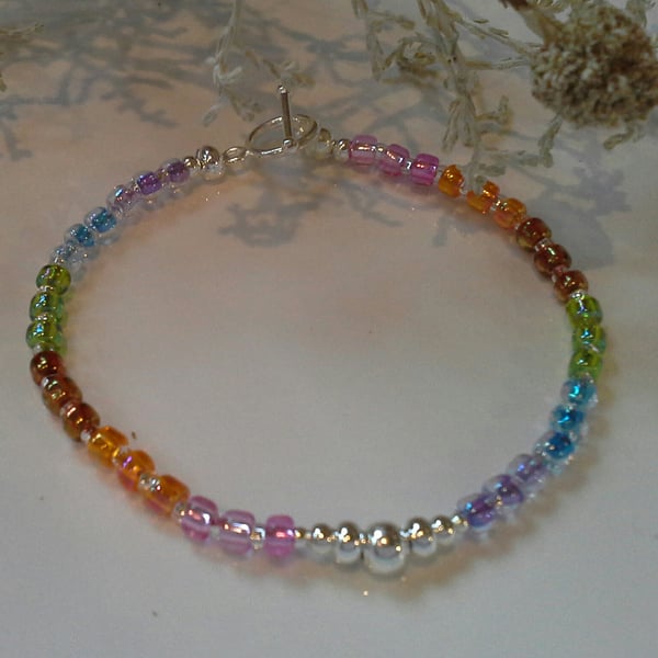 Rainbow Dainty Skinny Bracelet Silver Plated 7'inch (Help a Charity)