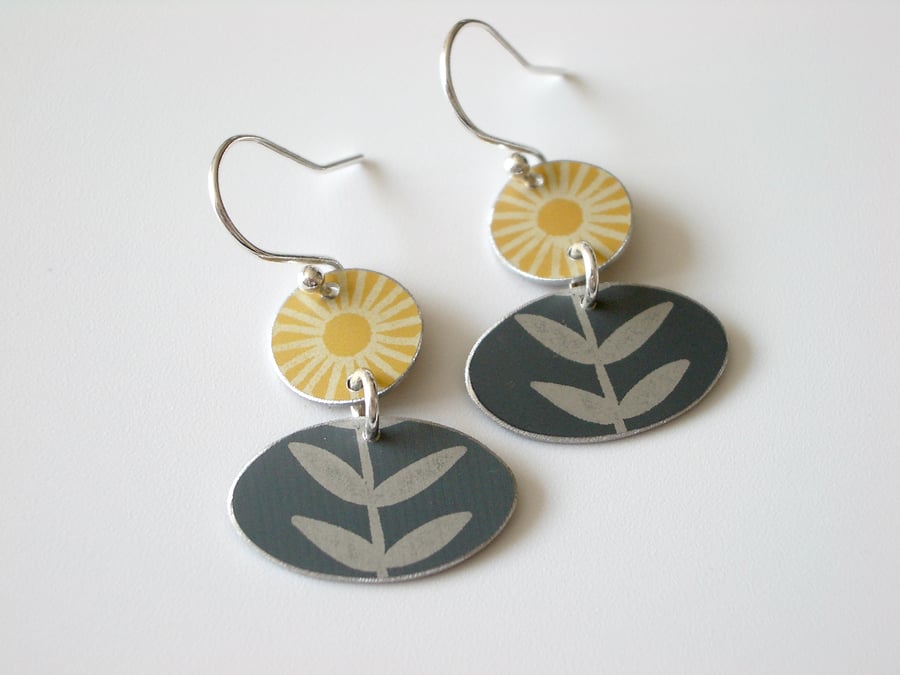 Folk art flower earrings in yellow and grey
