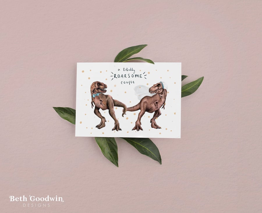 Dinosaur Wedding Card - Wedding Card, Mr and Mrs card, T-Rex Card, Anniversary