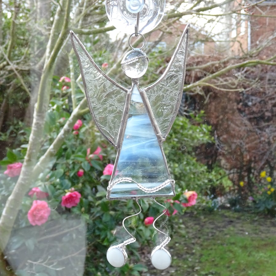 Stained Glass Angel with Legs Suncatcher White