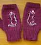 Plum Pink Hand Knitted Gloves With White Cat And Pink Hearts (J197)