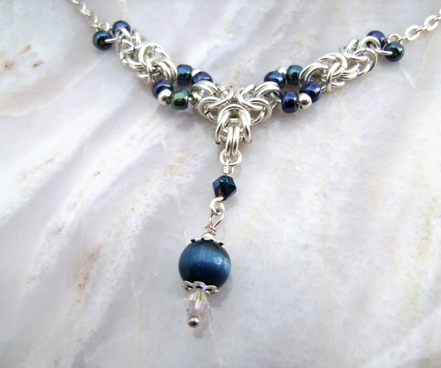 Chainmail Blue Cats Eye Necklace