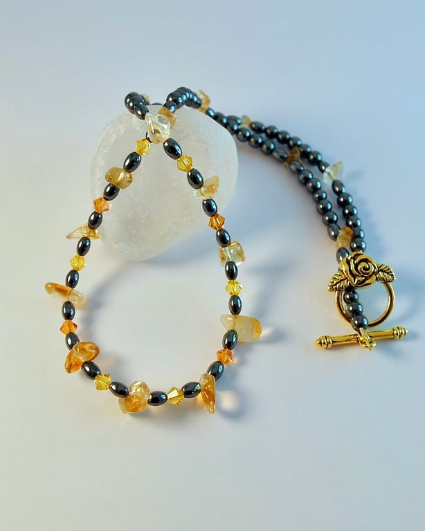 Citrine & Hematite Necklace,13th Anniversary, November Birthday, Gifts For Her