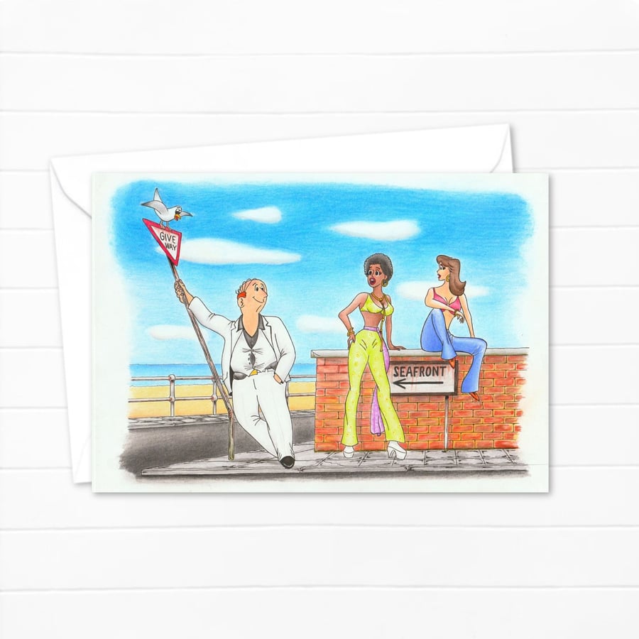 Seaside Postcard Greeting Card: Pencil Illustration with a Seventies Vibe (803)