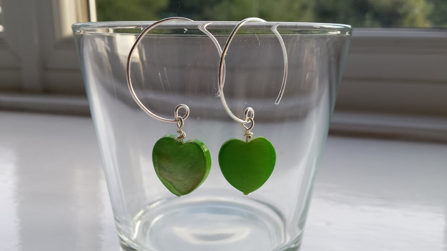 Green Shell Heart and Hoop Earrings