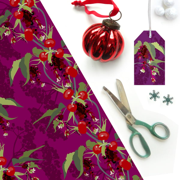 Pheasant Berry Christmas Wrapping Paper - pack of two folded sheets