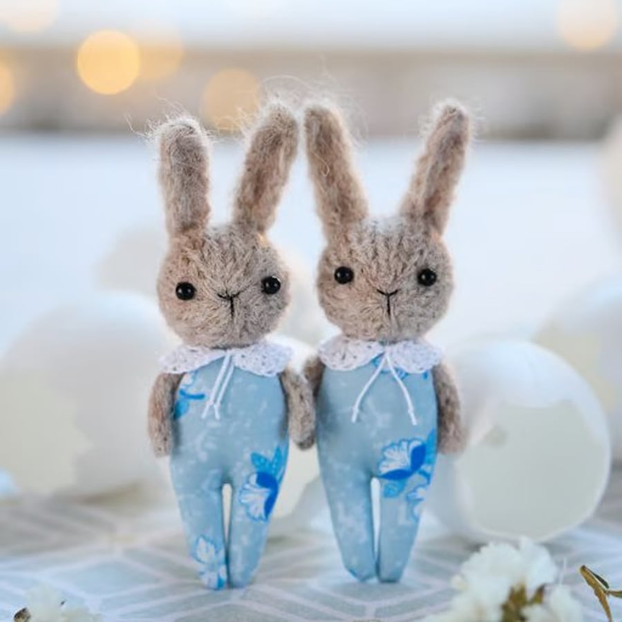 Easter Bunny ornament, miniature rabbit doll, blue outfit