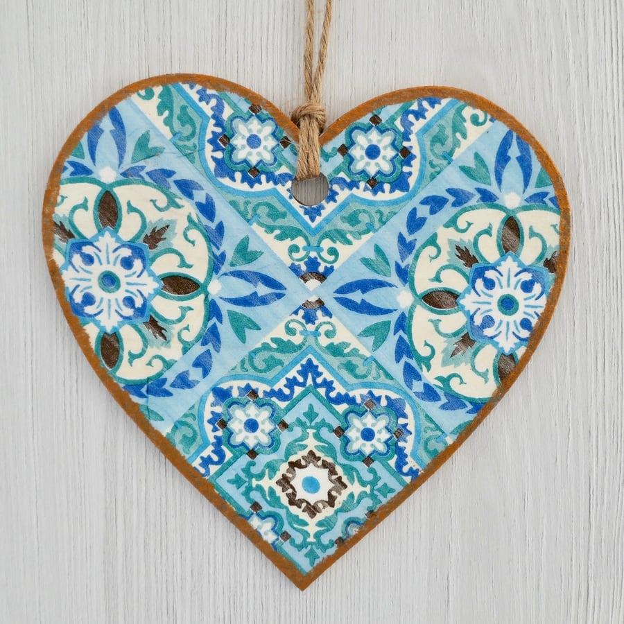 Decoupaged Wooden Hanging Heart: Blue Patterned design 6” (15cm)