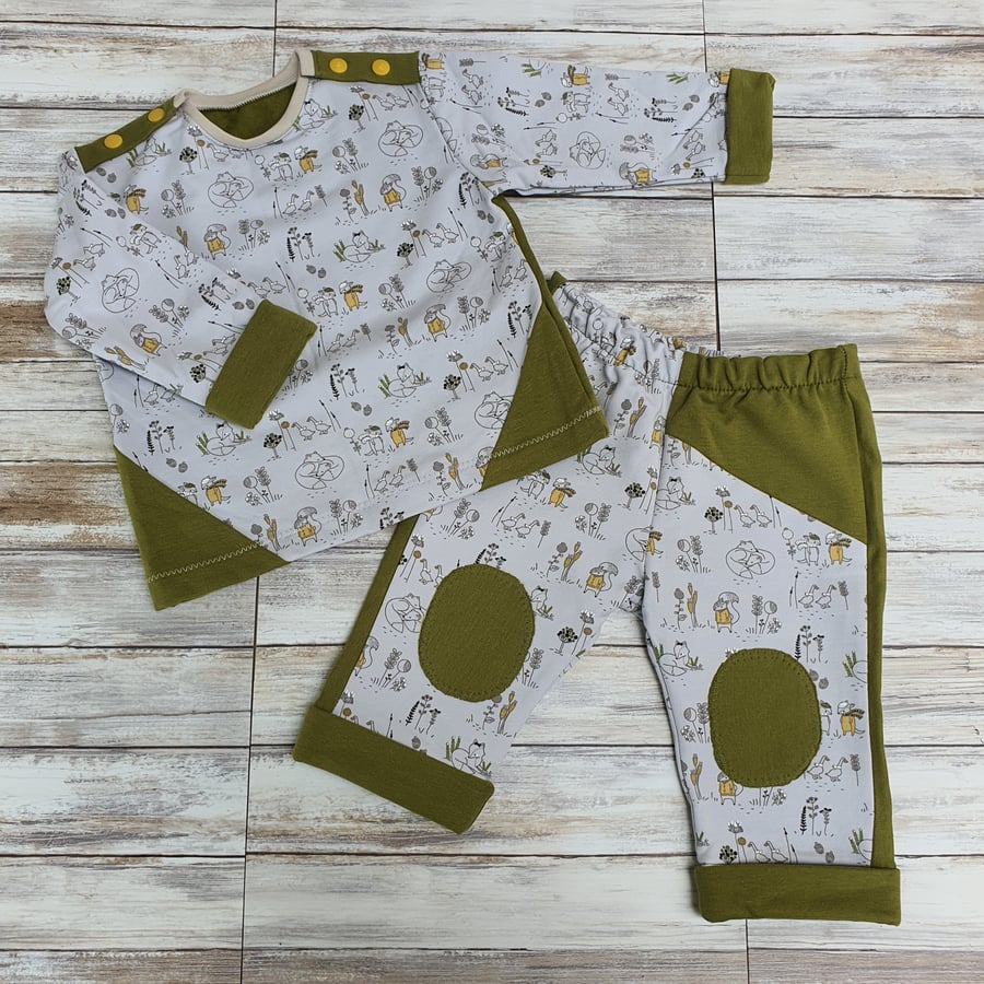 3-6 months Baby Set trousers and jumper with fasteners, mottled cotton jersey