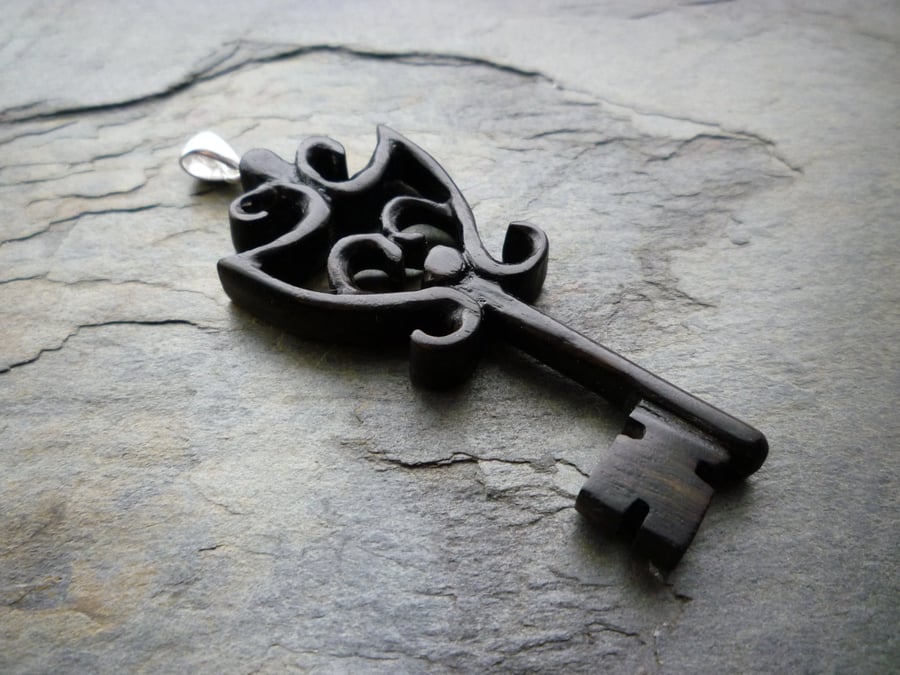 Carved Ebony Key Pendant, silver