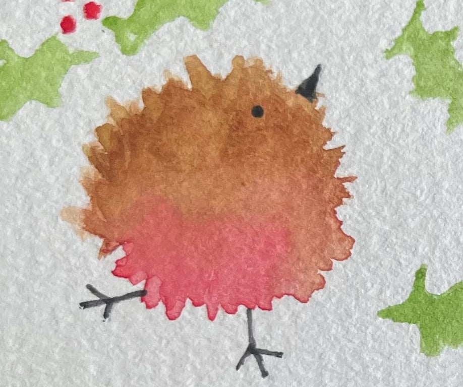 Original Hand-Painted Christmas Robin and Holly Card 