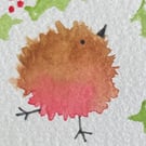 Original Hand-Painted Christmas Robin and Holly Card 