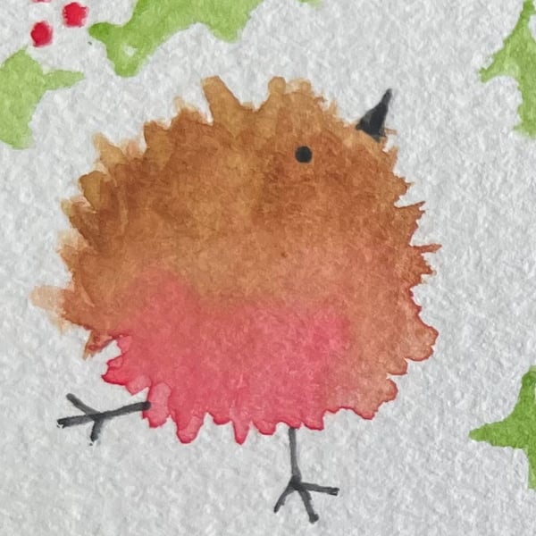 Original Hand-Painted Christmas Robin and Holly Card 