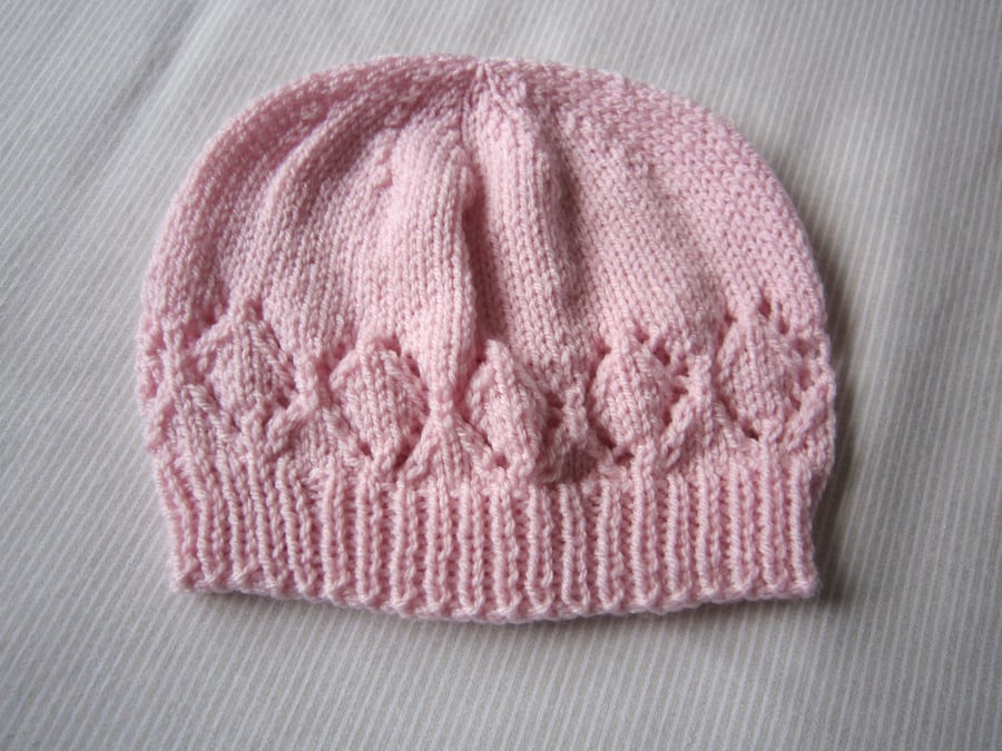 Pink baby hat, lacy hat, pink baby beanie, hand knitted, baby girl, 6-12 months