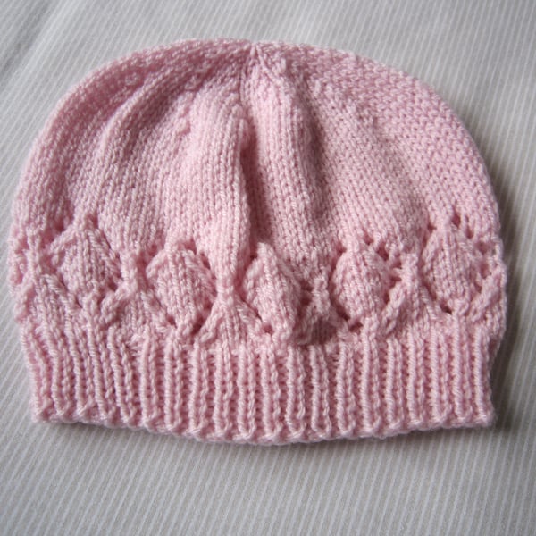 Pink baby hat, lacy hat, pink baby beanie, hand knitted, baby girl, 6-12 months
