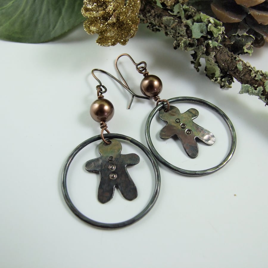 Earrings, Gingerbread People Copper Droppers, Niobium Ear Wires