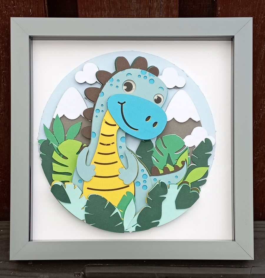 Cute Dinosaur layered 3d picture shadow box frame, boys bedroom decor, girls roo